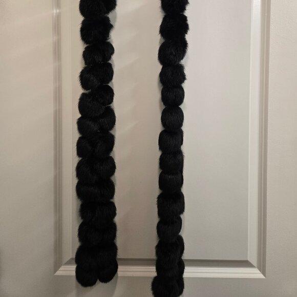 Black Rabbit Fur Pompom Extra Long Scarf - Picture 4 of 4
